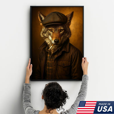 Cool Wolf in Flat Cap Canvas Wall Art – Vintage Funny Animal Portrait Canvas