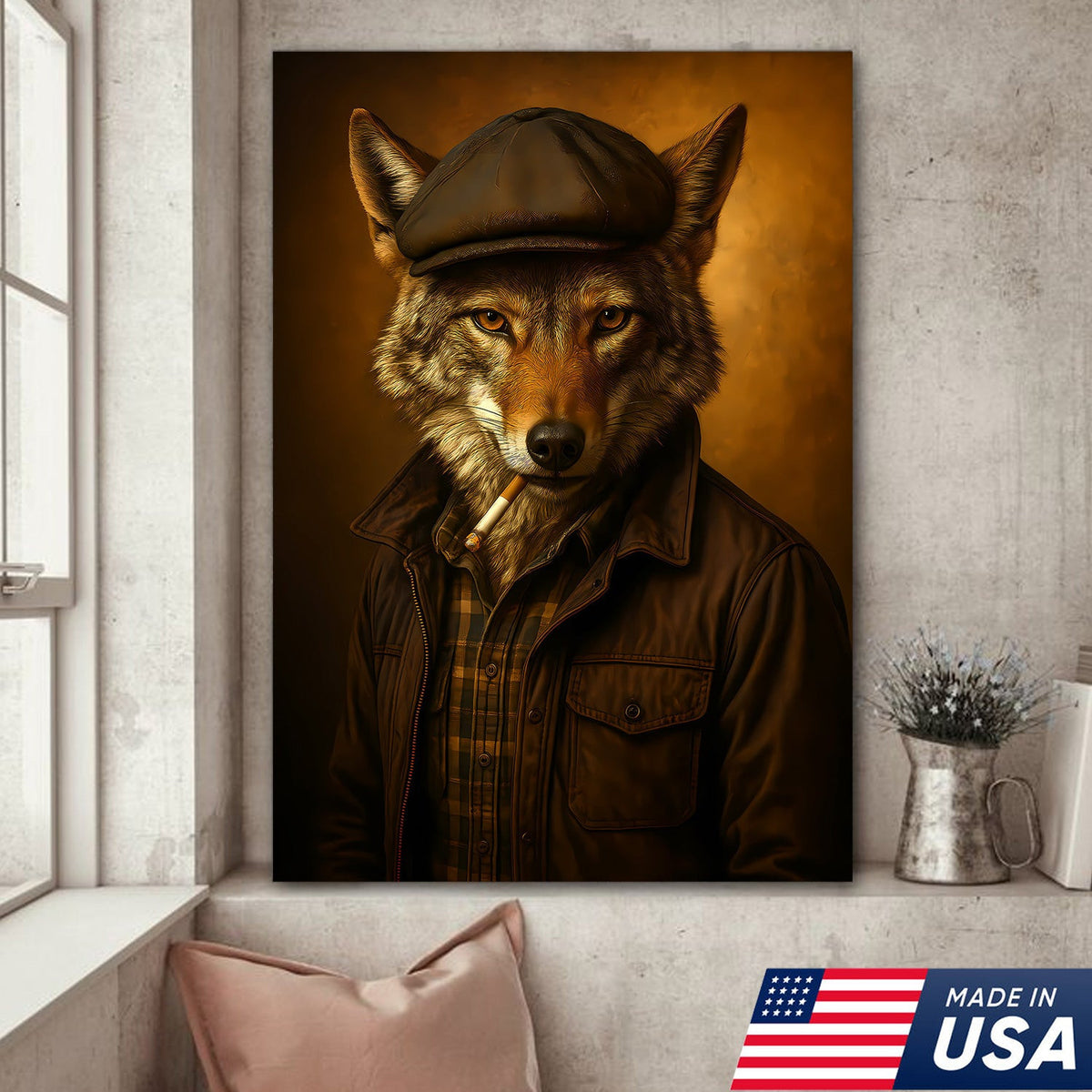 Cool Wolf in Flat Cap Canvas Wall Art – Vintage Funny Animal Portrait Canvas