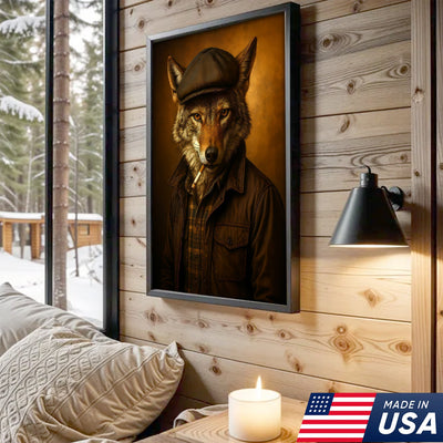 Cool Wolf in Flat Cap Canvas Wall Art – Vintage Funny Animal Portrait Canvas