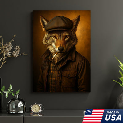 Cool Wolf in Flat Cap Canvas Wall Art – Vintage Funny Animal Portrait Canvas