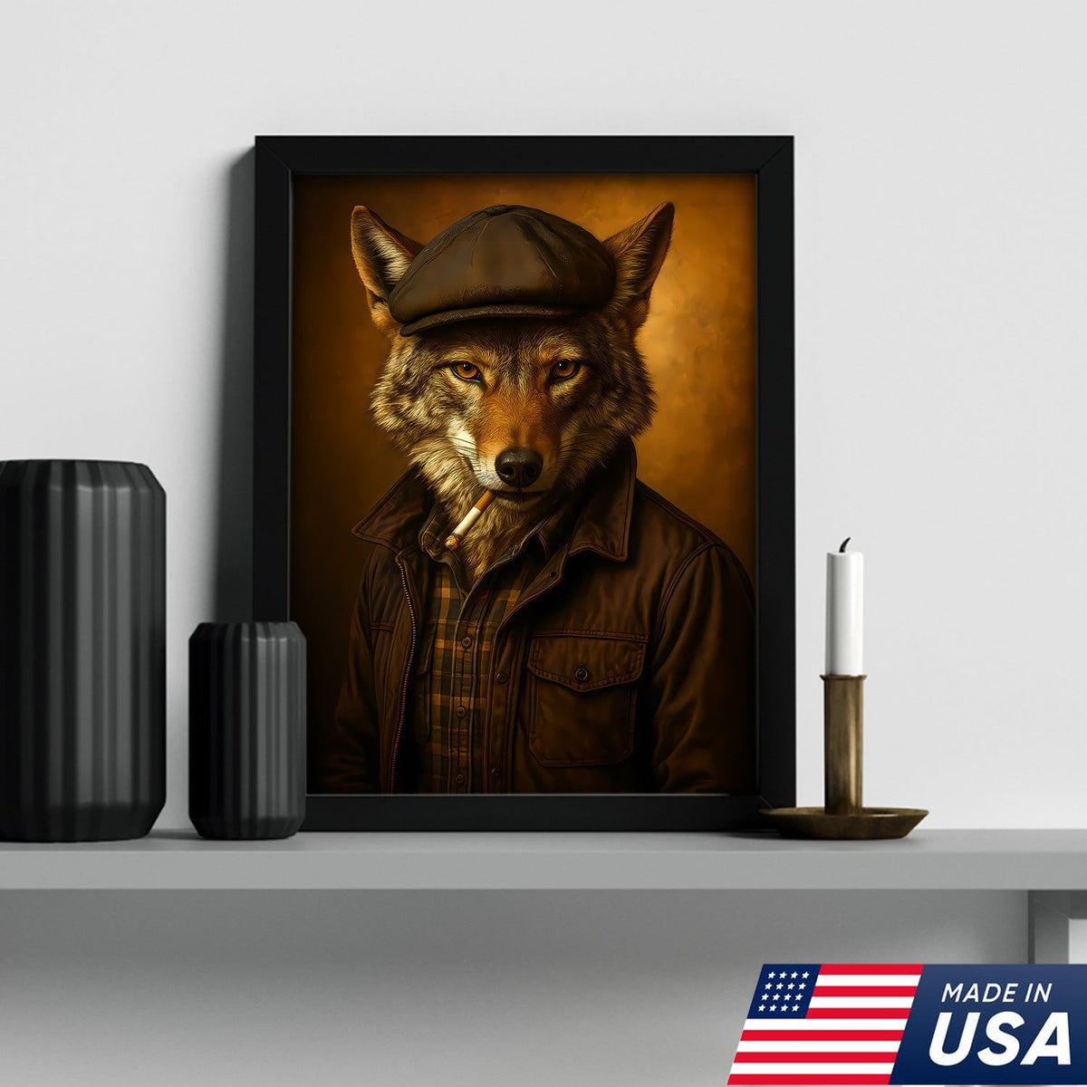Cool Wolf in Flat Cap Canvas Wall Art – Vintage Funny Animal Portrait Canvas