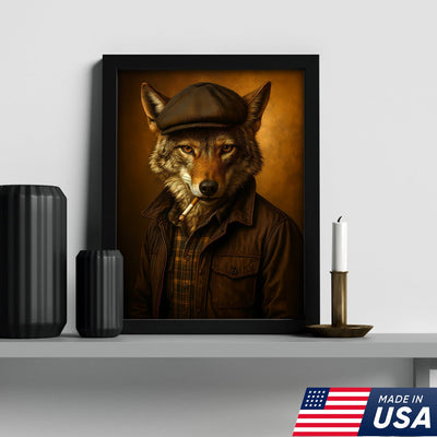 Cool Wolf in Flat Cap Canvas Wall Art – Vintage Funny Animal Portrait Canvas