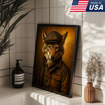 Cool Wolf in Flat Cap Canvas Wall Art – Vintage Funny Animal Portrait Canvas
