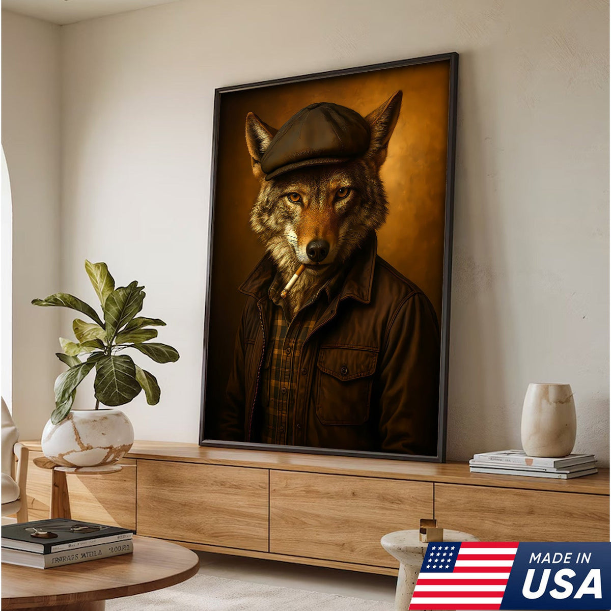 Cool Wolf in Flat Cap Canvas Wall Art – Vintage Funny Animal Portrait Canvas