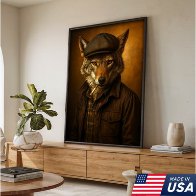 Cool Wolf in Flat Cap Canvas Wall Art – Vintage Funny Animal Portrait Canvas