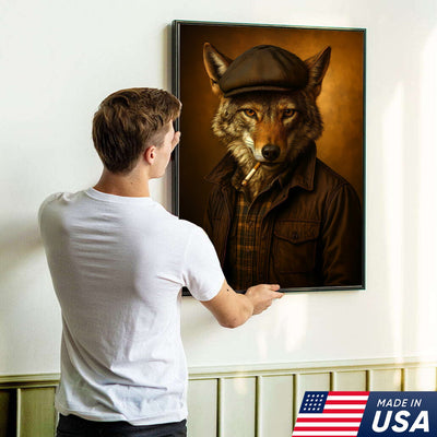 Cool Wolf in Flat Cap Canvas Wall Art – Vintage Funny Animal Portrait Canvas