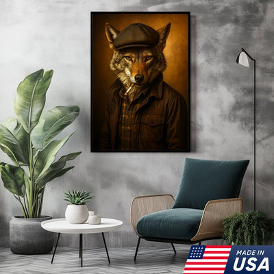 Cool Wolf in Flat Cap Canvas Wall Art – Vintage Funny Animal Portrait Canvas