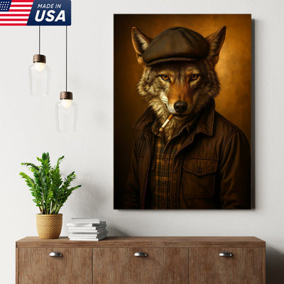Cool Wolf in Flat Cap Canvas Wall Art – Vintage Funny Animal Portrait Canvas