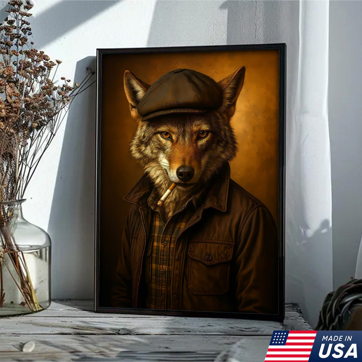 Cool Wolf in Flat Cap Canvas Wall Art – Vintage Funny Animal Portrait Canvas