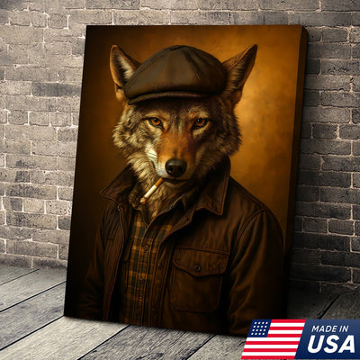 Cool Wolf in Flat Cap Canvas Wall Art – Vintage Funny Animal Portrait Canvas