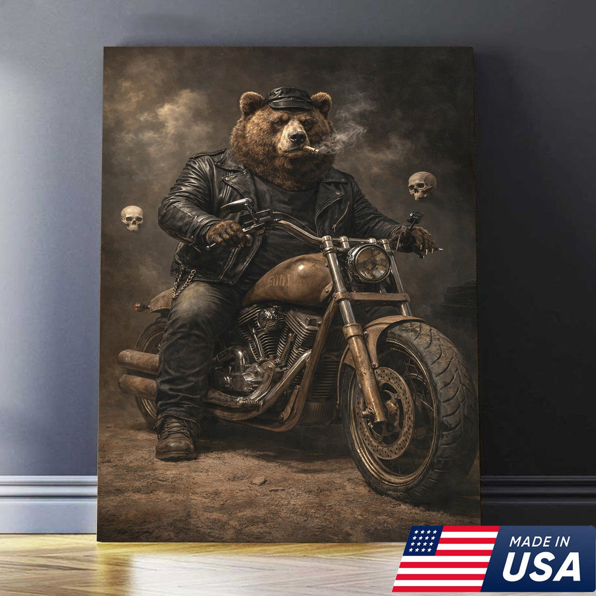 Bear Motorcycle Canvas Print Biker Animal Wall Art Man Cave Decor Gift