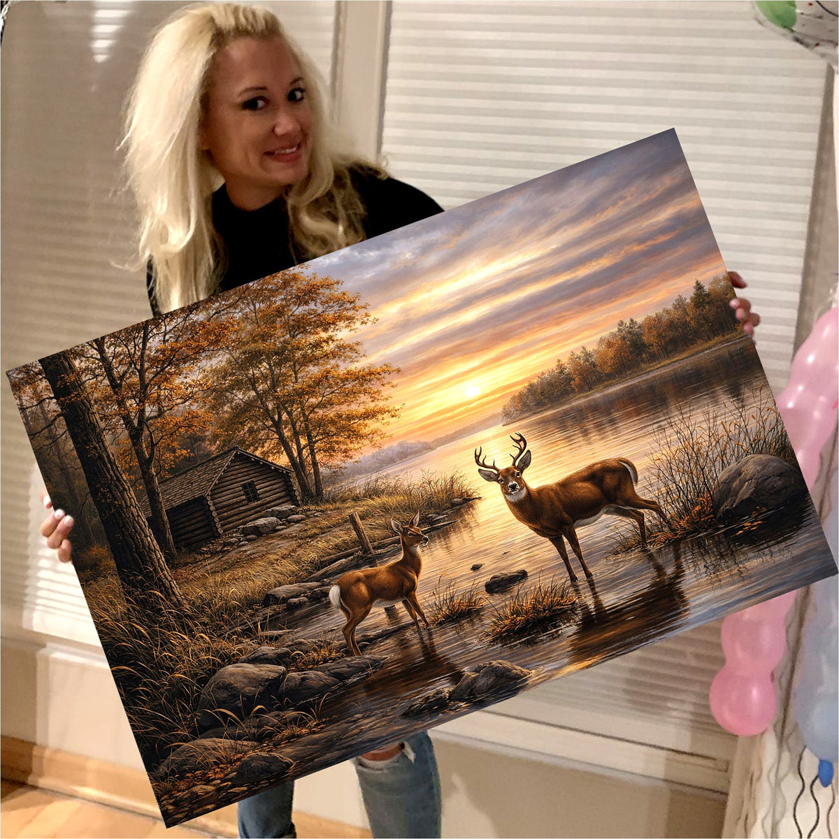 Deer Canvas Wall Art Lake Sunset Cabin Landscape Rustic Nature Home Decor