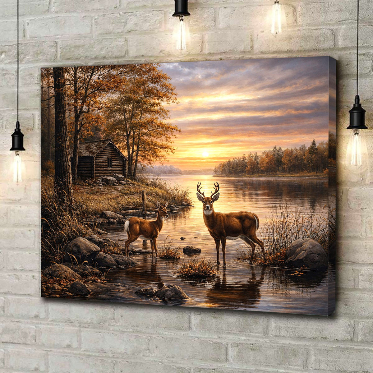 Deer Canvas Wall Art Lake Sunset Cabin Landscape Rustic Nature Home Decor
