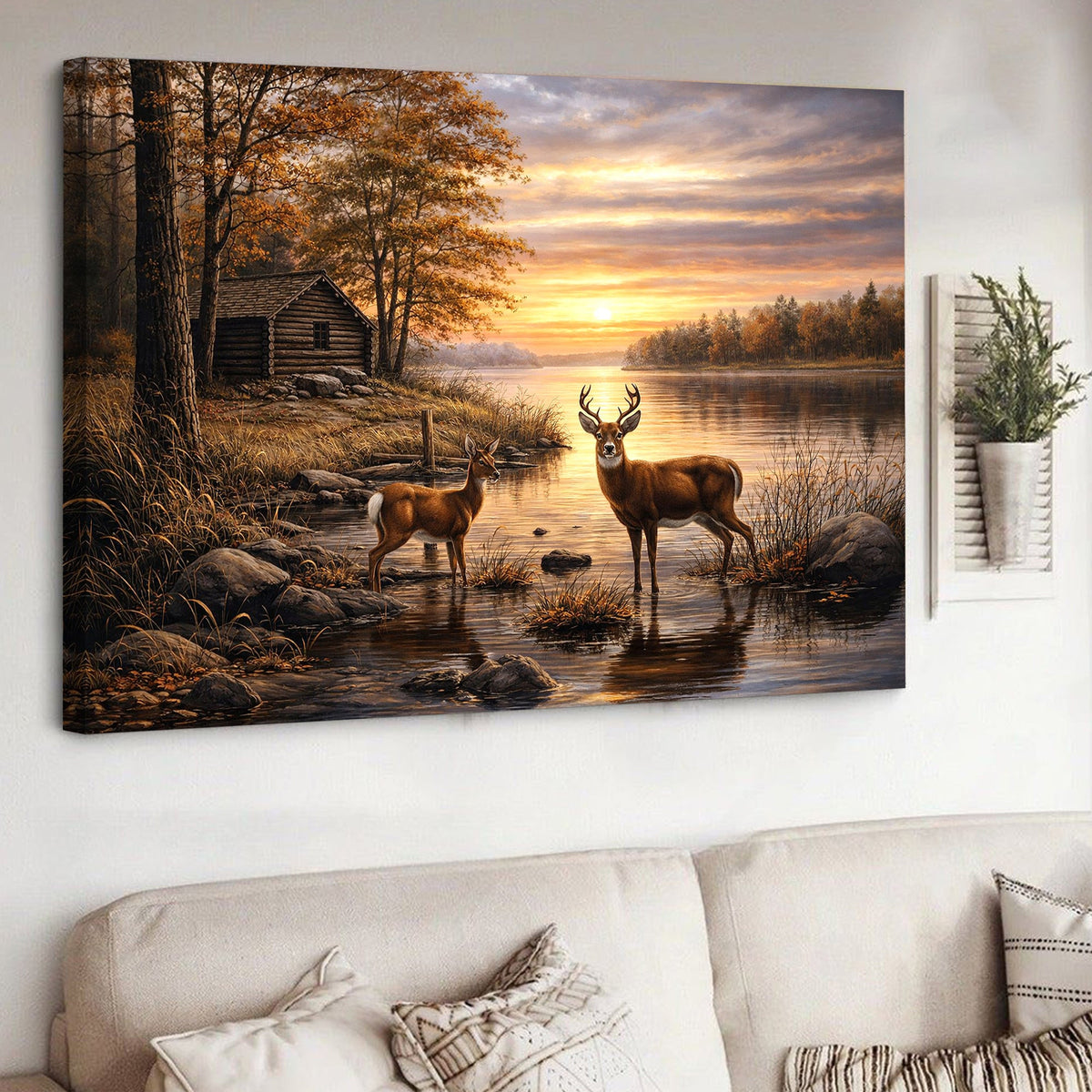 Deer Canvas Wall Art Lake Sunset Cabin Landscape Rustic Nature Home Decor