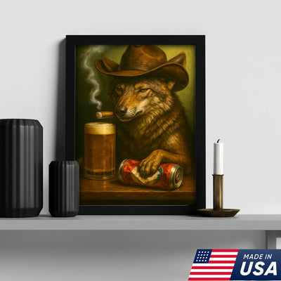 Funny Cowboy Wolf Beer Canvas – Rustic Bar Wall Art Gift for Hunters, Outdoorsmen & Man Caves