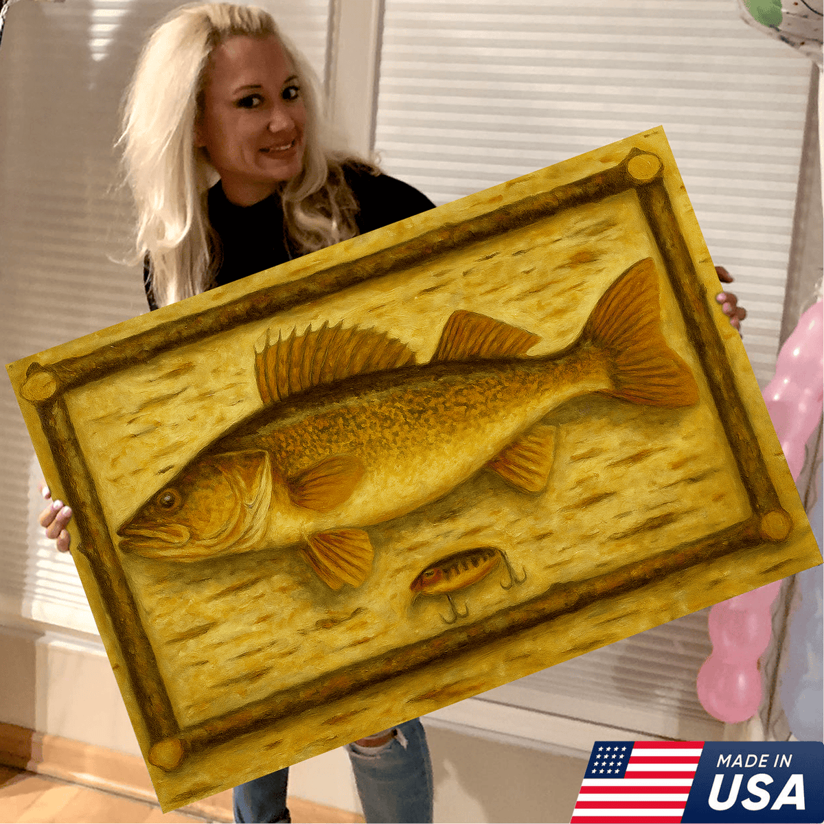 Fishing Wall Art Canvas – Walleye Fish & Vintage Lure Rustic Cabin Lodge Decor Painting
