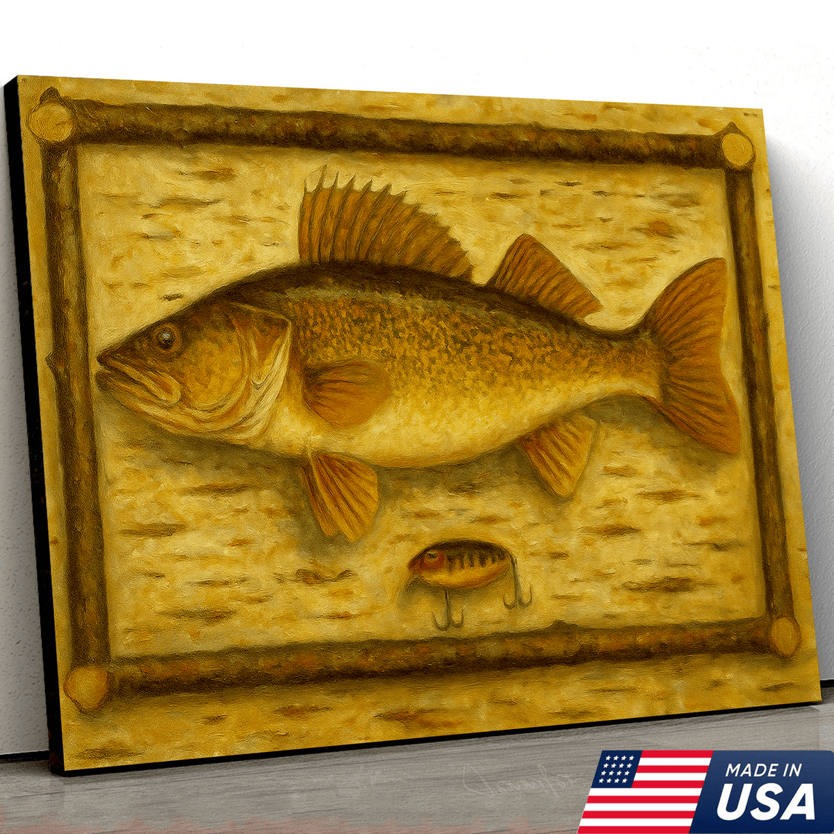 Fishing Wall Art Canvas – Walleye Fish & Vintage Lure Rustic Cabin Lodge Decor Painting