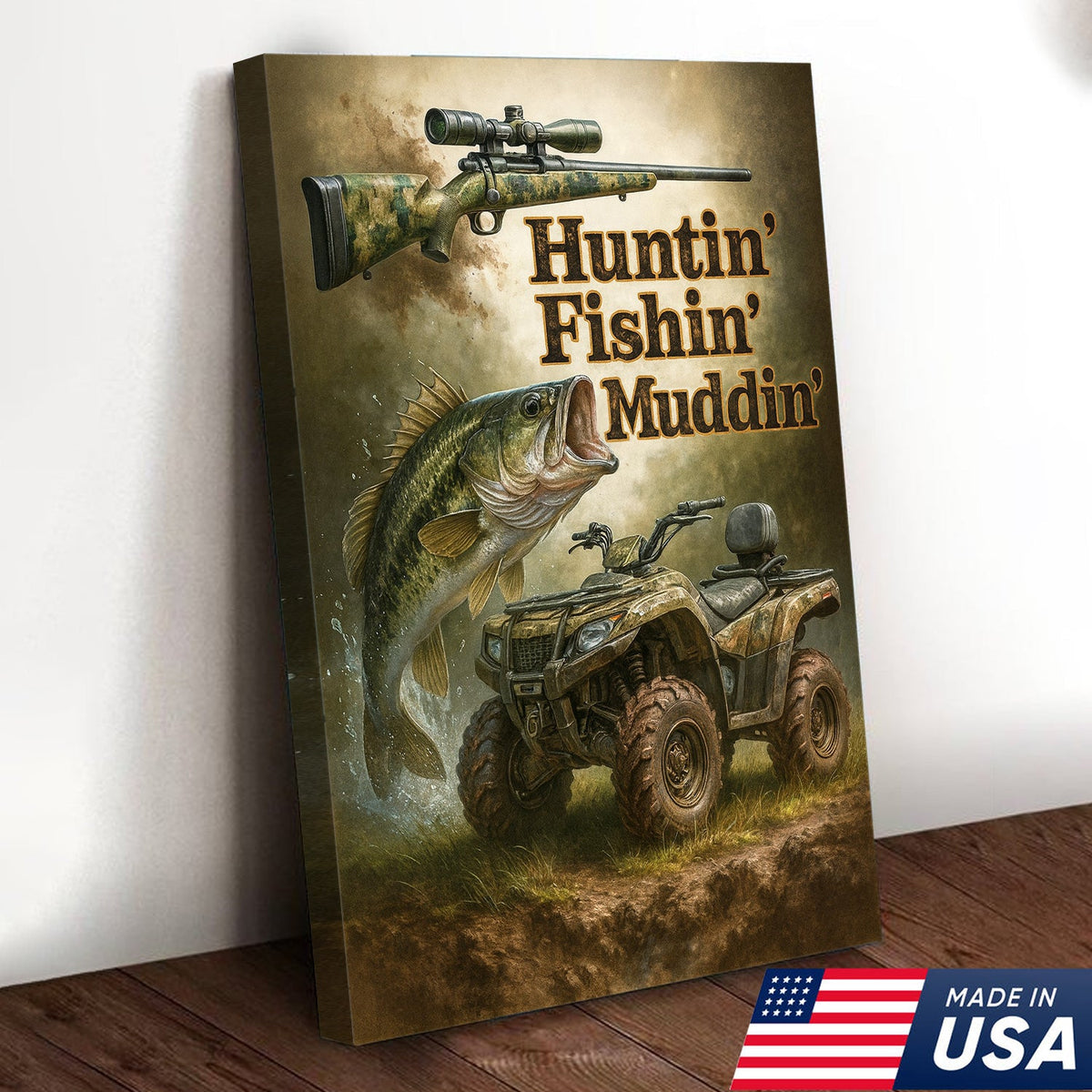 Huntin’ Fishin’ Muddin’ Canvas Wall Art, Deer Hunting and Fishing Decor for Men, Rustic ATV Cabin Artwork