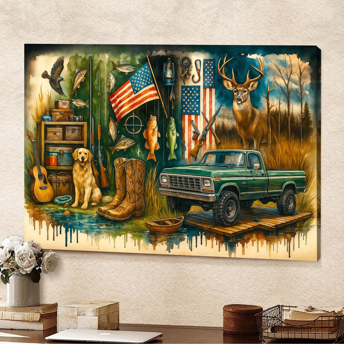 Country Boy Canvas Wall Art, Rustic Hunting and Fishing Scene with Truck, Dog, Deer, and American Flag