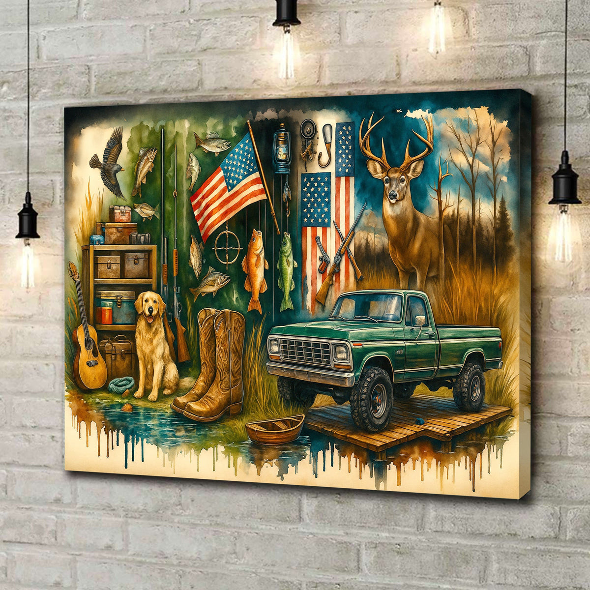 Country Boy Canvas Wall Art, Rustic Hunting and Fishing Scene with Truck, Dog, Deer, and American Flag