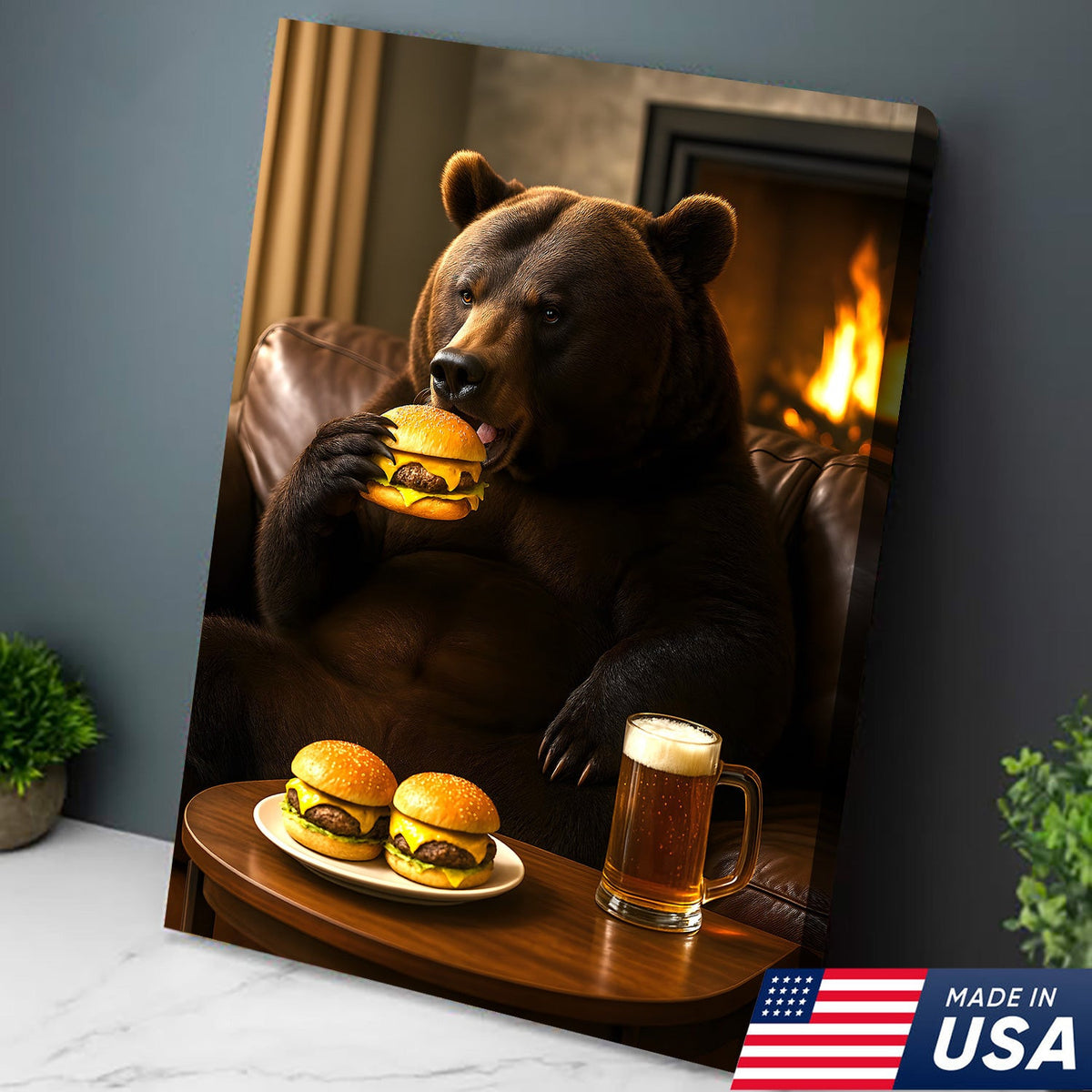 Burger Bear Canvas Wall Art – Funny Bear Eating Burger Canvas, Beer Poster For Man Cave