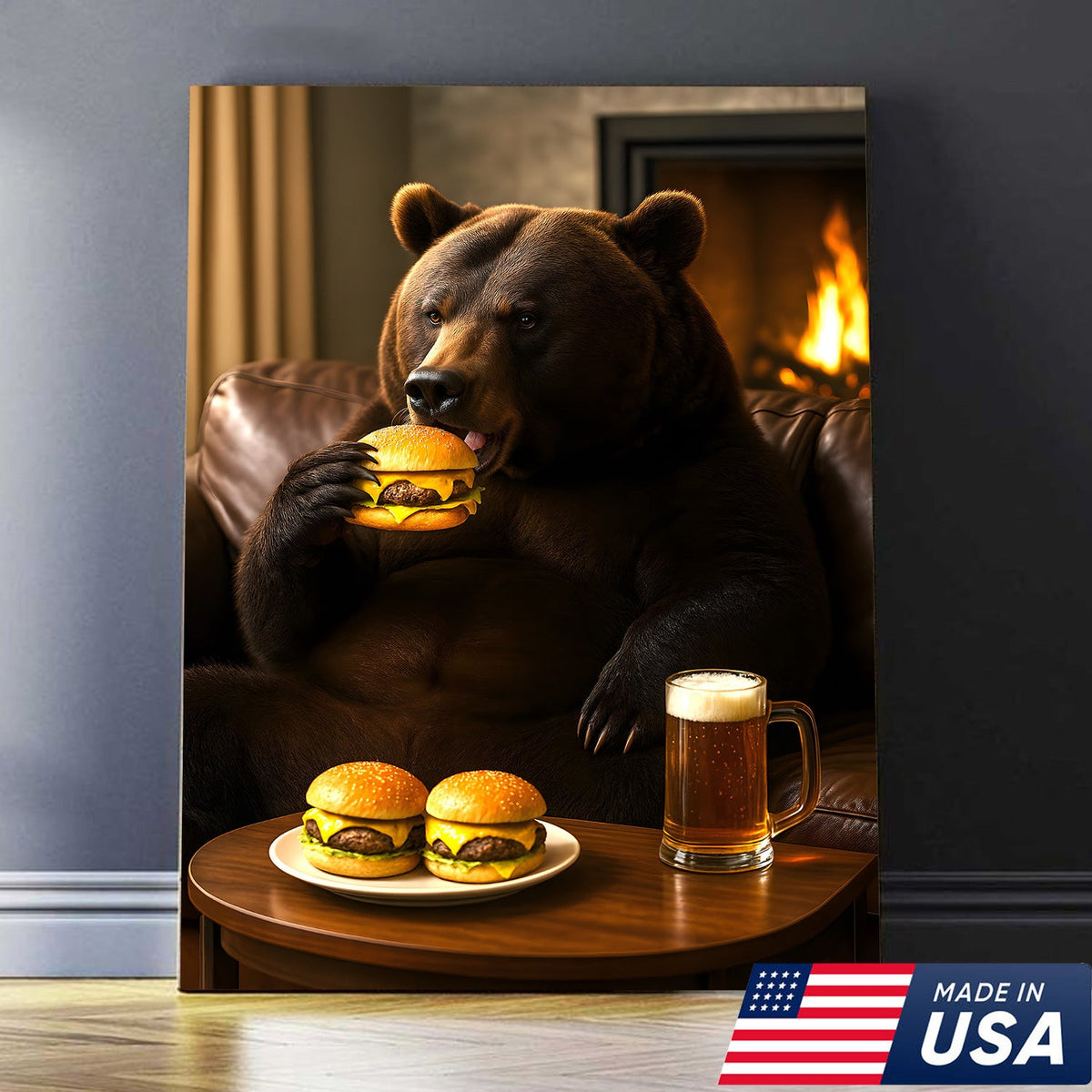 Burger Bear Canvas Wall Art – Funny Bear Eating Burger Canvas, Beer Poster For Man Cave