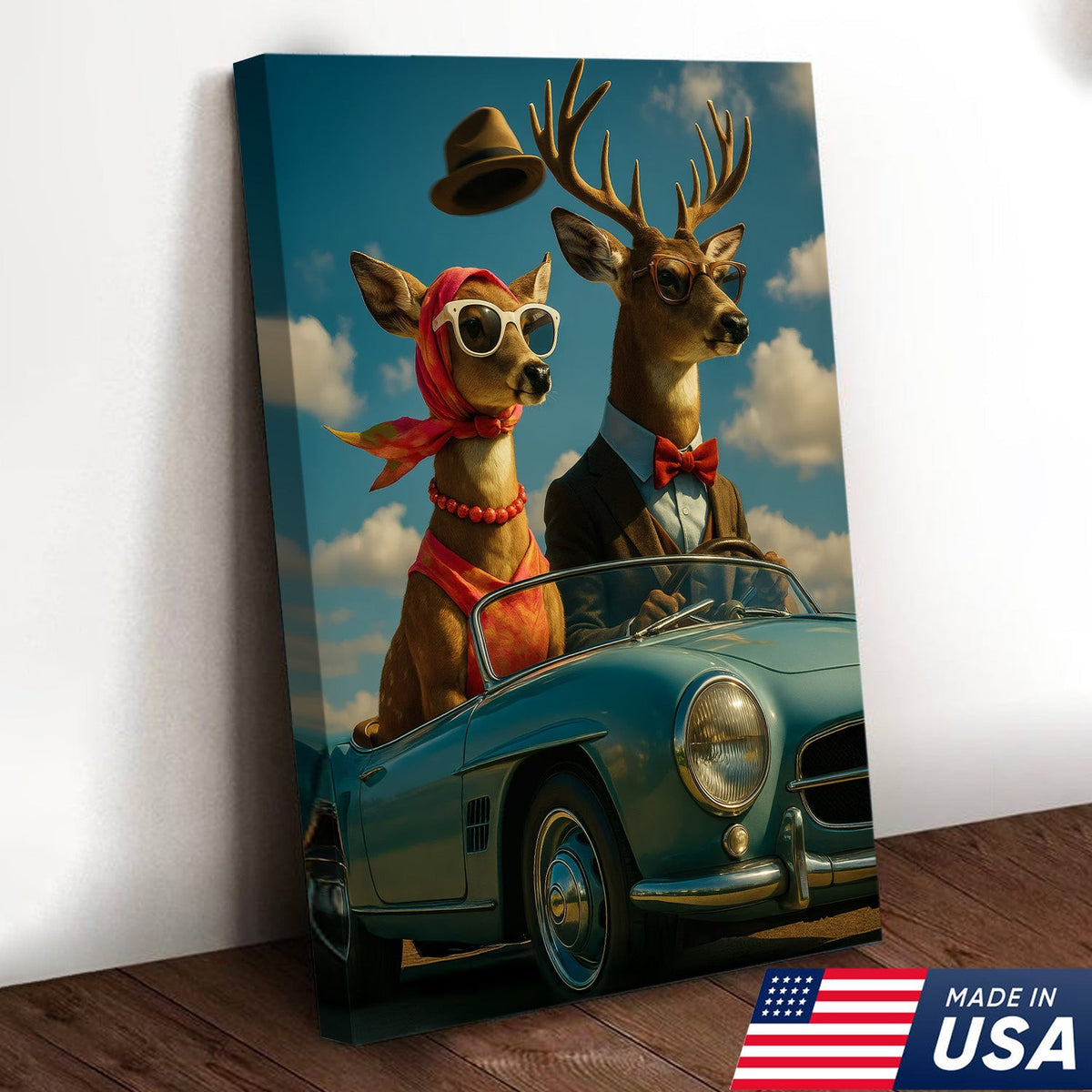 Retro Deer Couple Driving Canvas – Funny Buck & Doe in Convertible, Vintage Wall Art