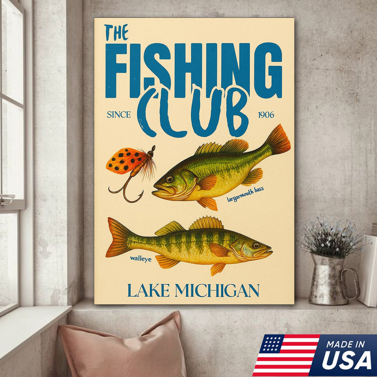 The Fishing Club Retro Wall Art – Vintage Lake Michigan Sign for Fishermen & Cabin Decor
