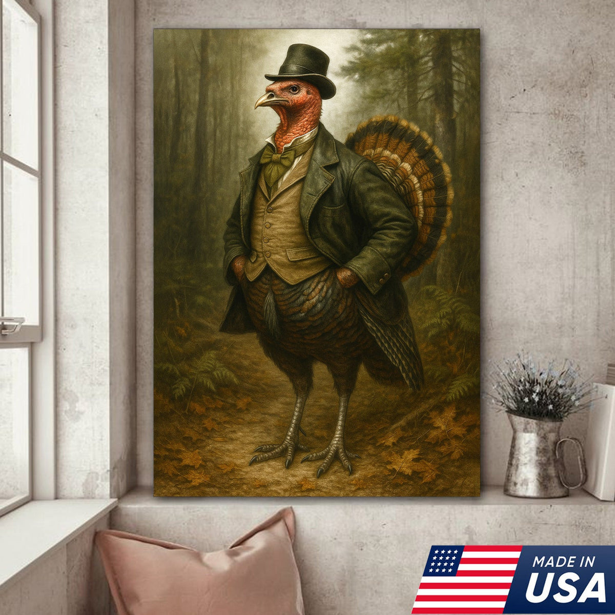 Funny Turkey Gentleman Canvas Wall Art – Rustic Lodge Decor Gift for Hunters & Thanksgiving Fans