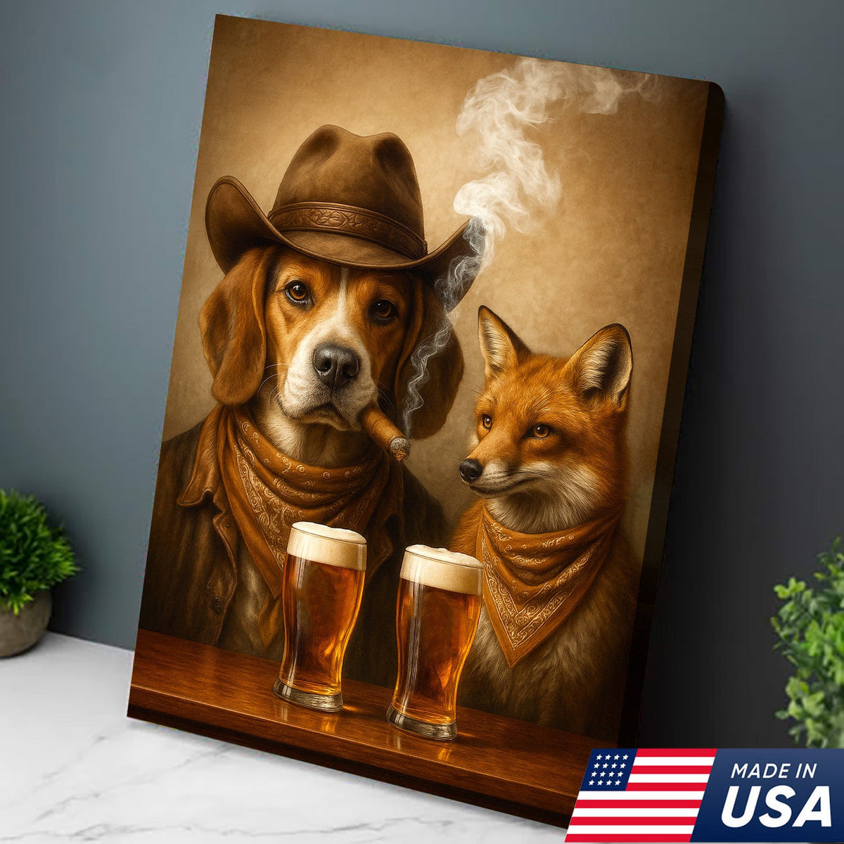Funny Dog & Fox Beer Canvas Wall Art – Rustic Cowboy Bar Decor Gift for Hunters & Outdoorsmen