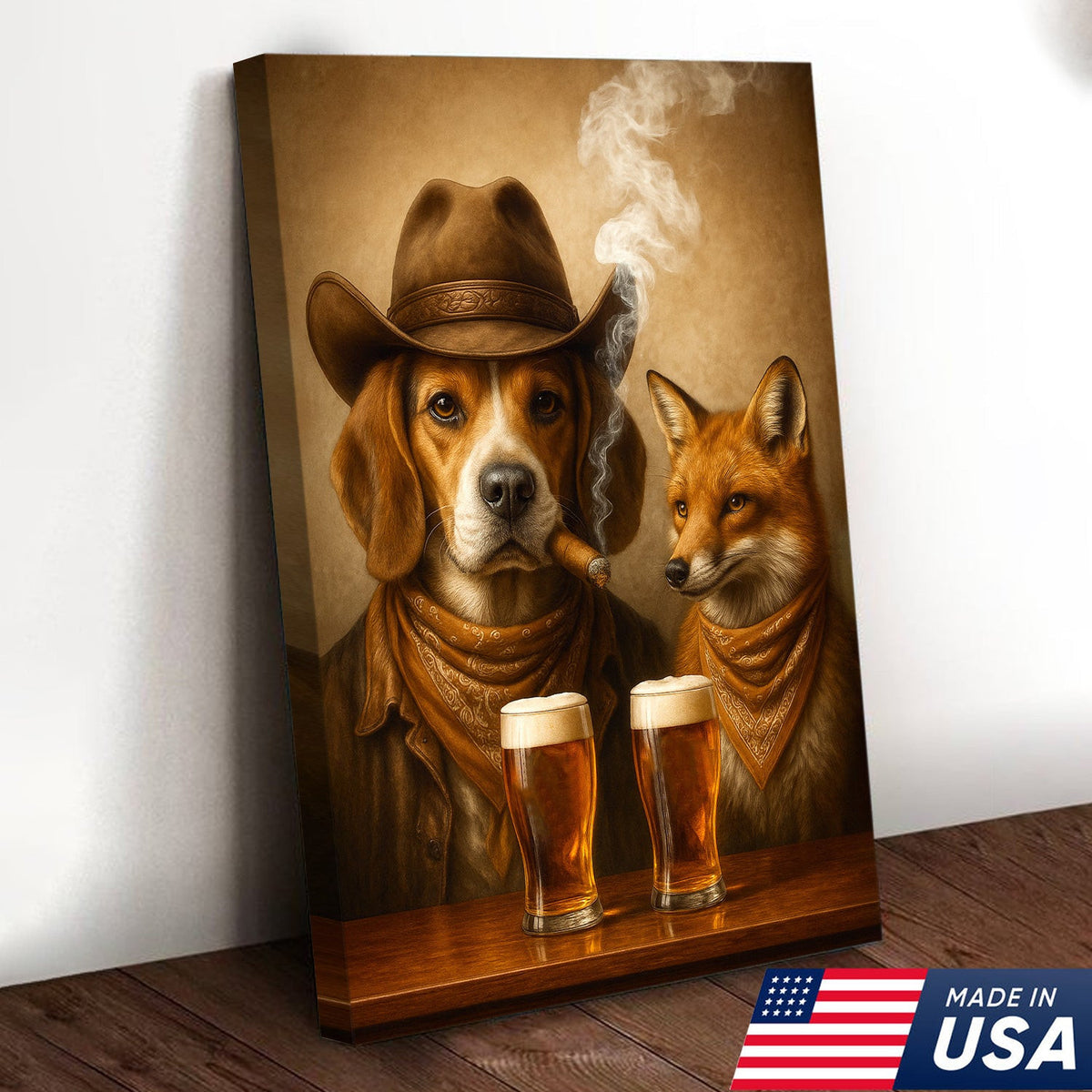 Funny Dog & Fox Beer Canvas Wall Art – Rustic Cowboy Bar Decor Gift for Hunters & Outdoorsmen