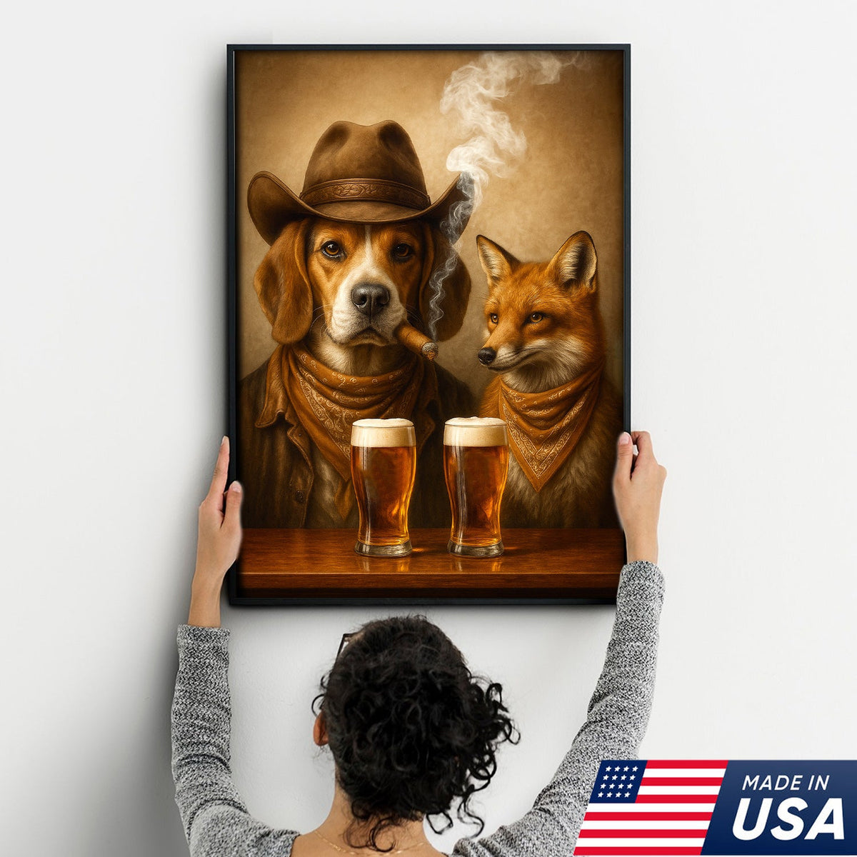 Funny Dog & Fox Beer Canvas Wall Art – Rustic Cowboy Bar Decor Gift for Hunters & Outdoorsmen