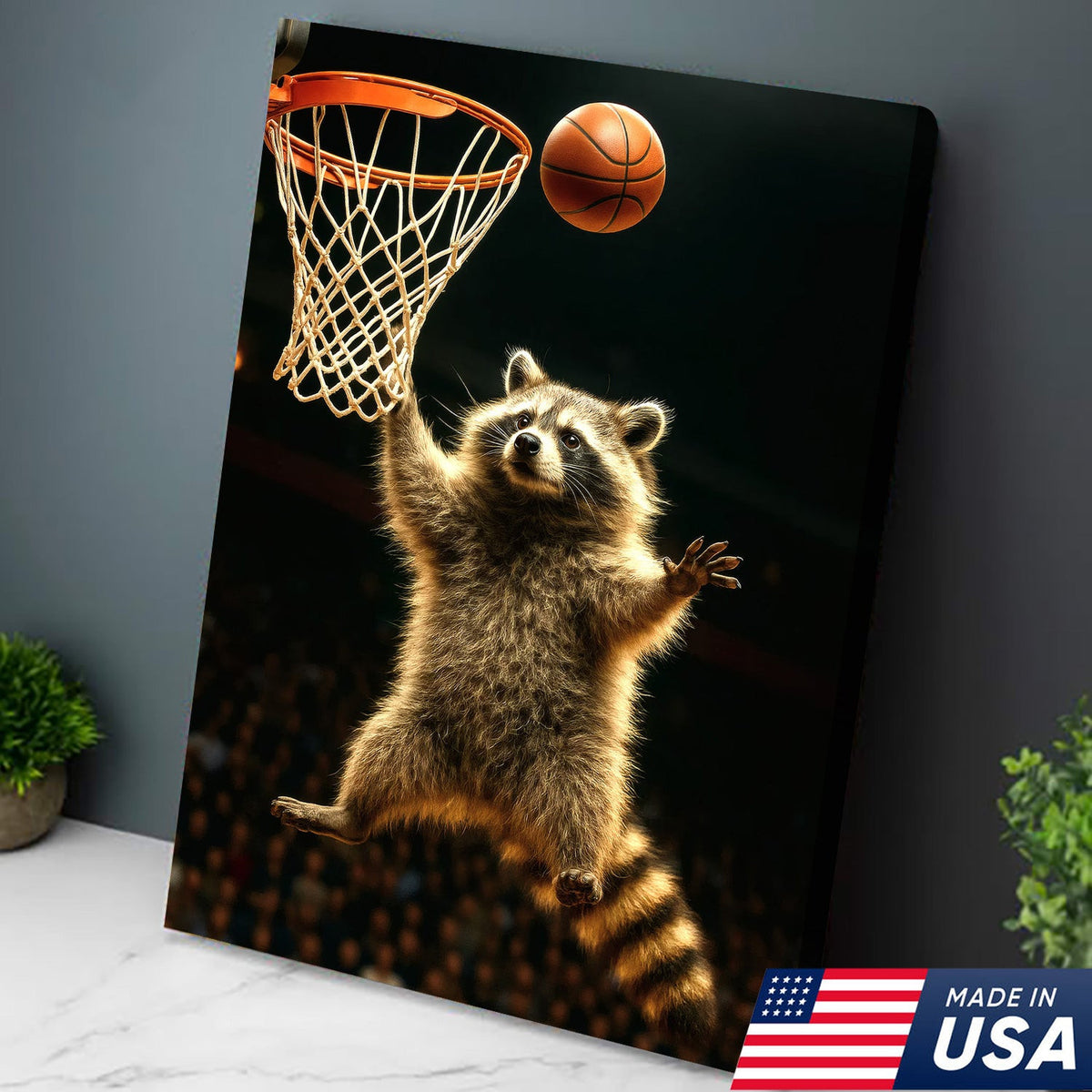 Raccoon Basketball Dunk Canvas Wall Art, Funny Sports Animal Poster Game Room Decor