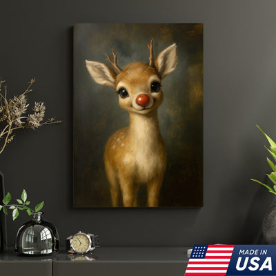 Cute Red Nose Baby Reindeer Canvas Wall Art, Christmas Deer Nursery Decor