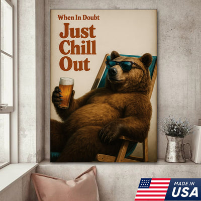 Chill Out Bear Canvas Wall Art, Retro Typography Poster, Rustic Cabin Lodge Decor