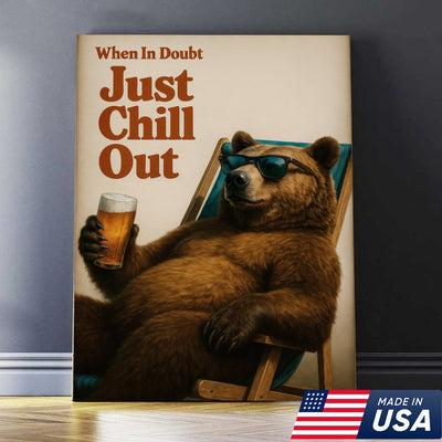 Chill Out Bear Canvas Wall Art, Retro Typography Poster, Rustic Cabin Lodge Decor