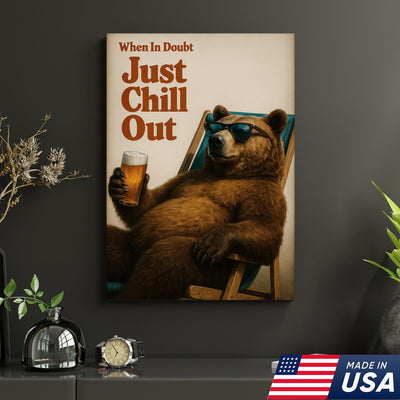 Chill Out Bear Canvas Wall Art, Retro Typography Poster, Rustic Cabin Lodge Decor