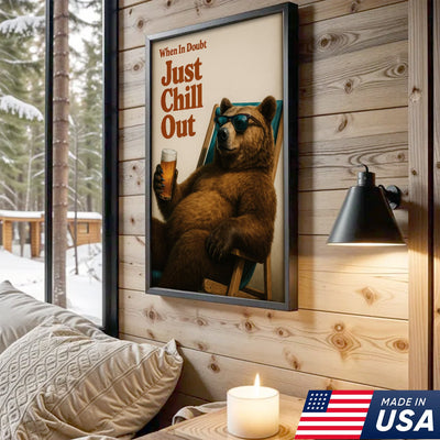 Chill Out Bear Canvas Wall Art, Retro Typography Poster, Rustic Cabin Lodge Decor
