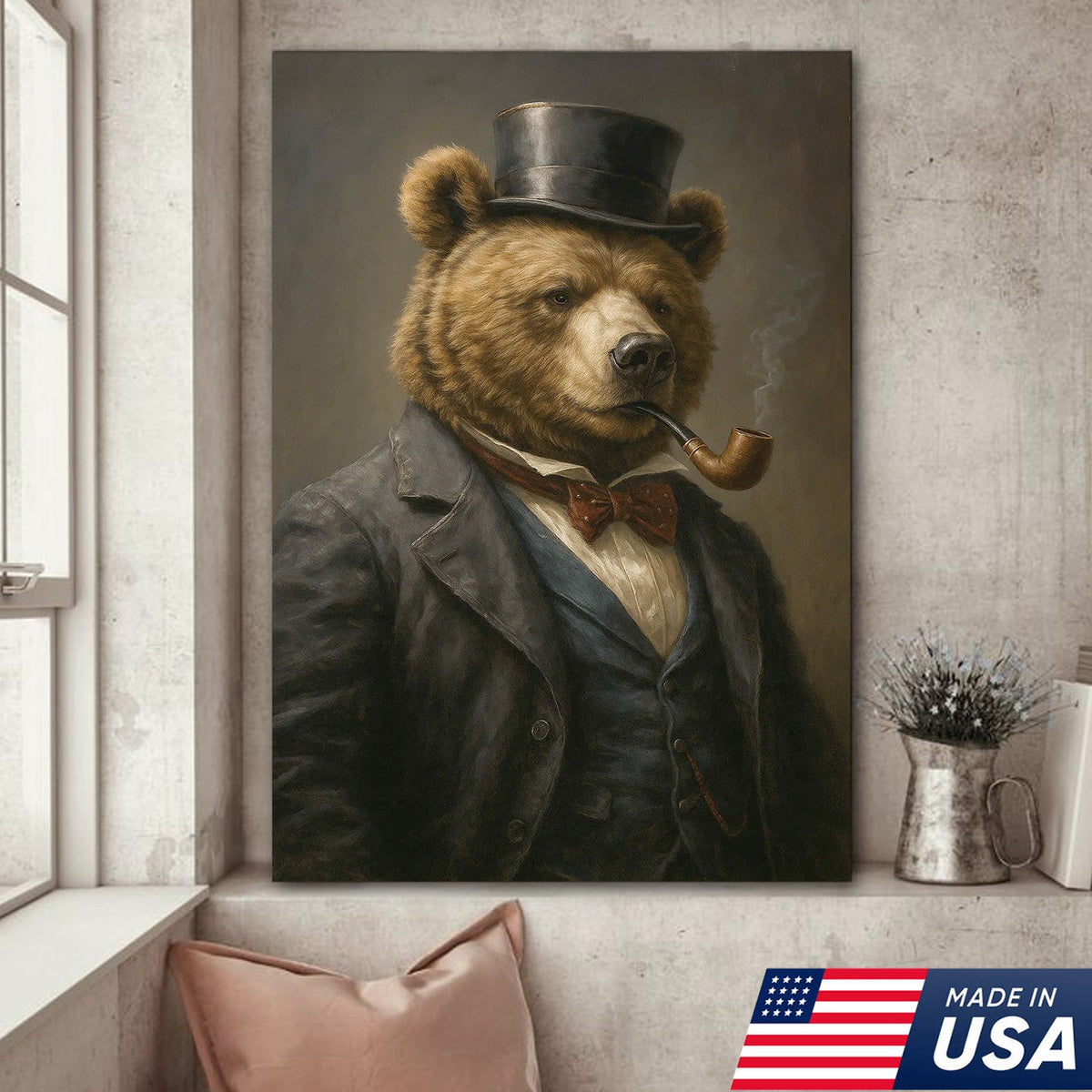 Victorian Bear in Top Hat Canvas Wall Art, Dapper Animal Gentleman Portrait