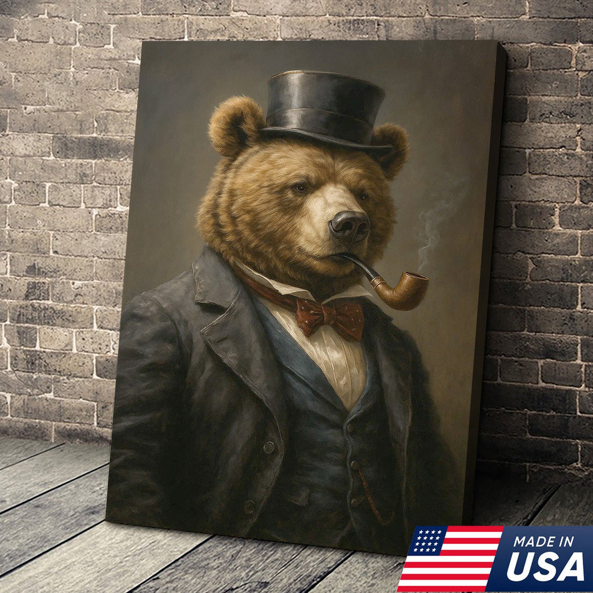 Victorian Bear in Top Hat Canvas Wall Art, Dapper Animal Gentleman Portrait