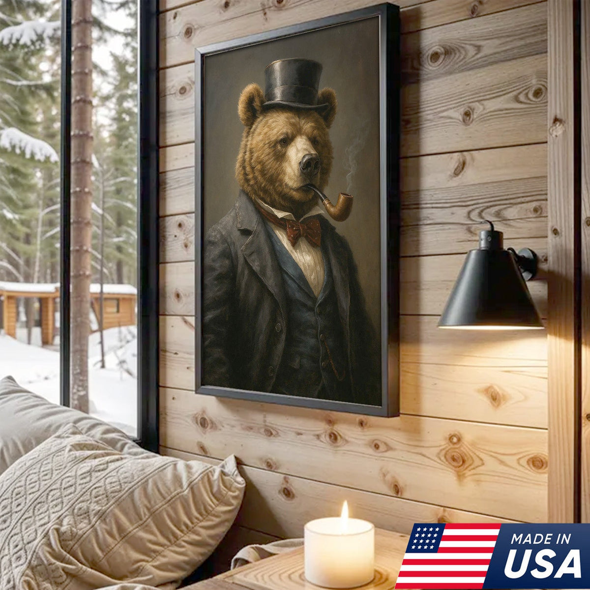 Victorian Bear in Top Hat Canvas Wall Art, Dapper Animal Gentleman Portrait