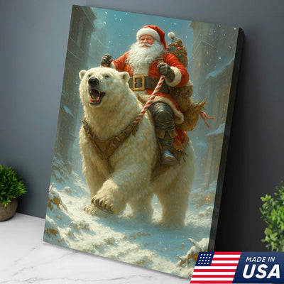Santa Riding Polar Bear Canvas Wall Art, Epic Christmas Adventure Santa Print