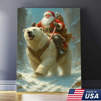 Santa Riding Polar Bear Canvas Wall Art, Epic Christmas Adventure Santa Print