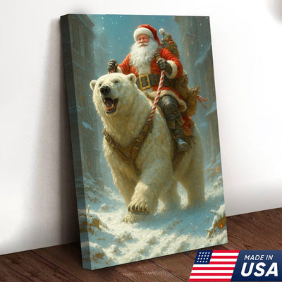 Santa Riding Polar Bear Canvas Wall Art, Epic Christmas Adventure Santa Print