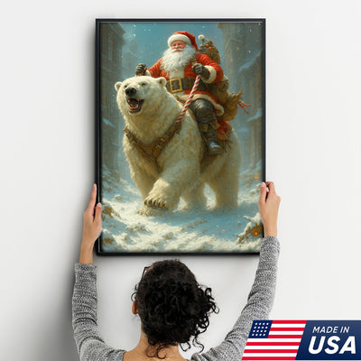 Santa Riding Polar Bear Canvas Wall Art, Epic Christmas Adventure Santa Print