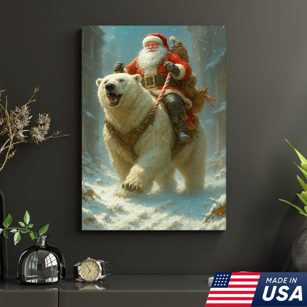 Santa Riding Polar Bear Canvas Wall Art, Epic Christmas Adventure Santa Print