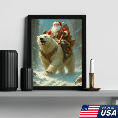 Santa Riding Polar Bear Canvas Wall Art, Epic Christmas Adventure Santa Print