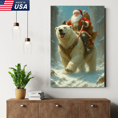 Santa Riding Polar Bear Canvas Wall Art, Epic Christmas Adventure Santa Print