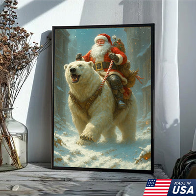 Santa Riding Polar Bear Canvas Wall Art, Epic Christmas Adventure Santa Print
