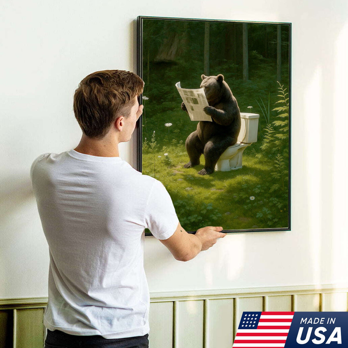 Bear on Toilet Reading Newspaper Canvas Wall Art, Funny Bathroom Decor for Cabin & Lodge